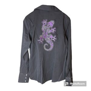 Panhandle Slim Retro Grey Pearl Snap with Lime Green and Purple Lizard Size Med.